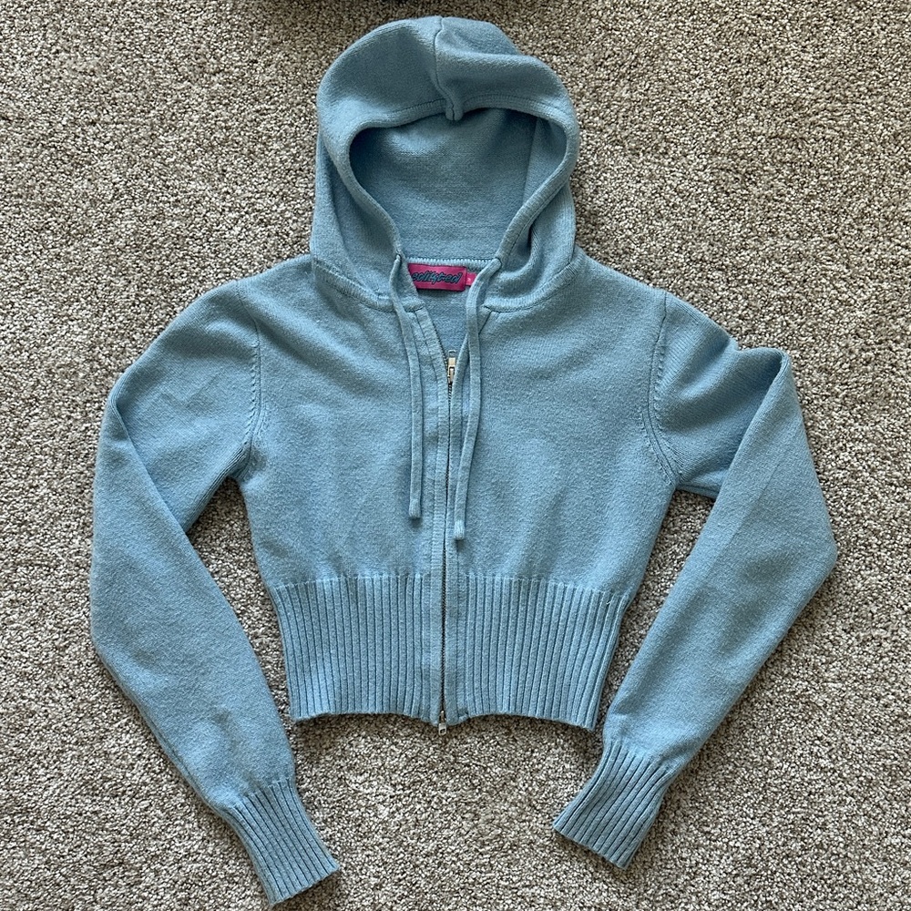 EDIKTED Light Blue Cropped Hooded Zip-Up Sweater